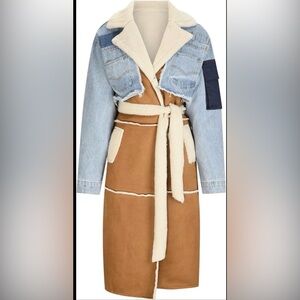 ✨ NEW Mixed-Media Tan Shearling Trench with Light Blue Denim Jacket
